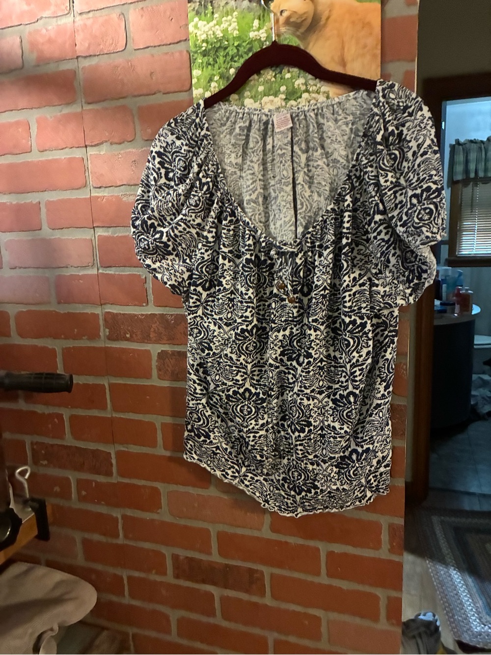 Bobbie Brooks Navy and White Printed Puff Sleeve Blouse